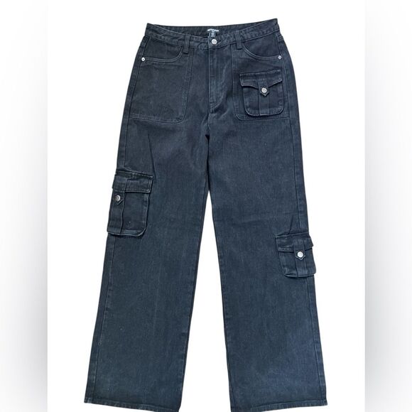 PrettyLittleThings Jeans Size 8 Washed Black Cargo Pocket Wide Leg Relaxed Fit - Picture 4 of 10